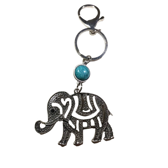 Elephant Keychain Cut Outs Blue Green Stone Silver Tone Purse Luggage Clip - Picture 2 of 8